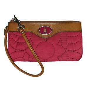 Fossil Key-Per Brown Leather Burgundy Quilted Fabric Wristlet Wallet Coin Purse